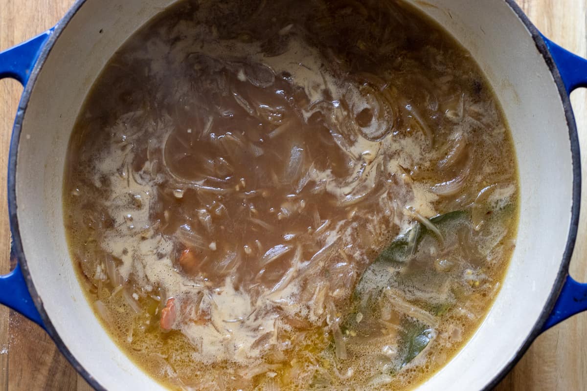 French onion soup is gently simmered for 45 minutes