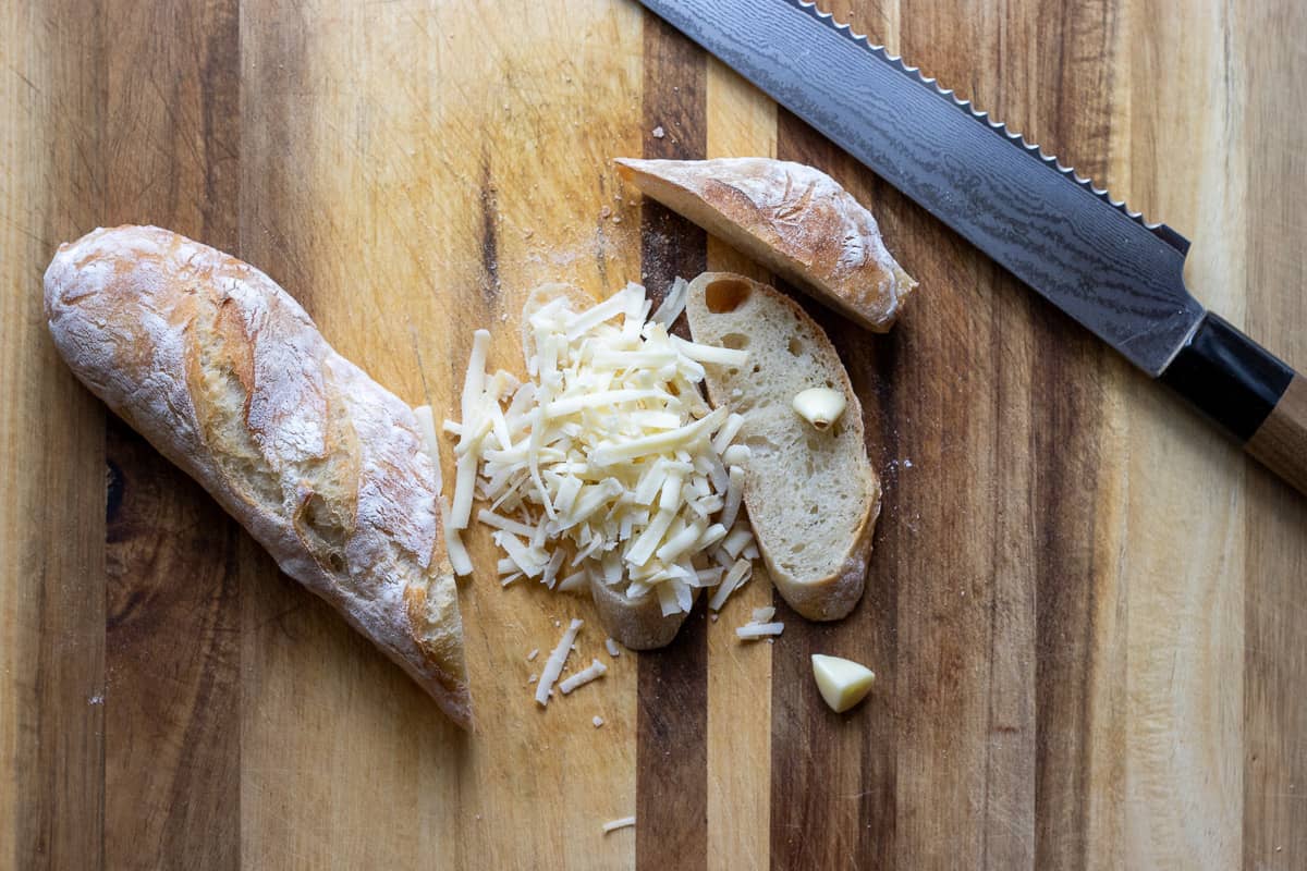 preparing the garnishes for French onion soup