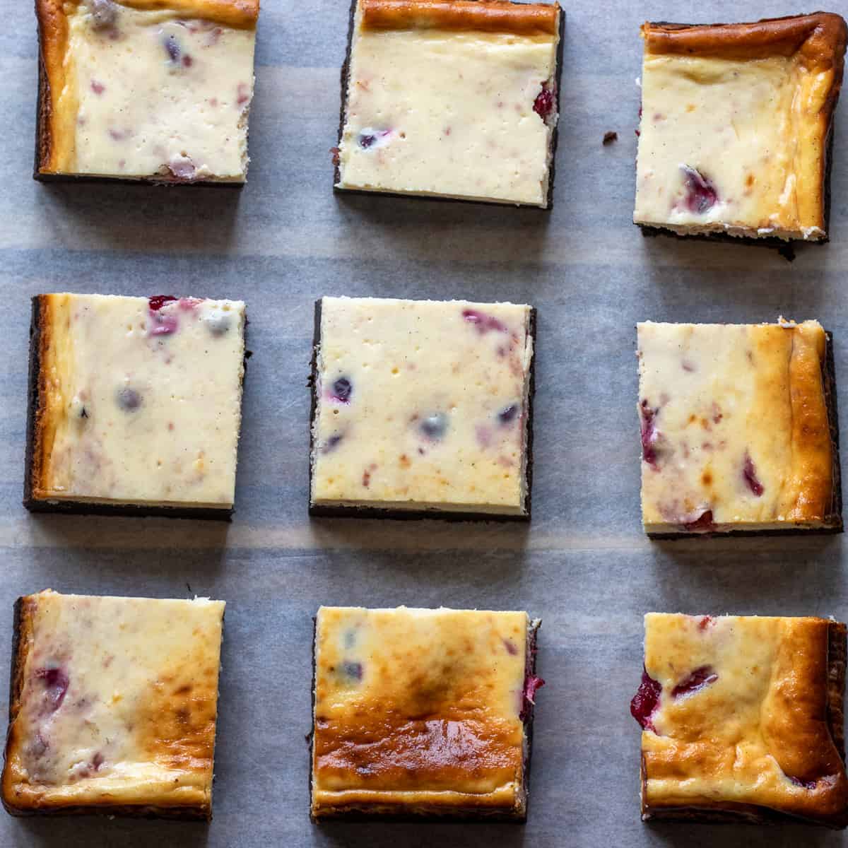 Cranberry Cheesecake brownies are portioned after totally cooled down