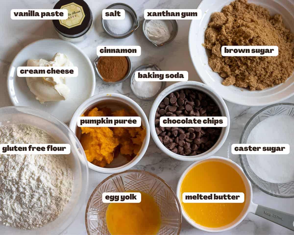 Labelled picture of ingredients for gluten free pumpkin cookies