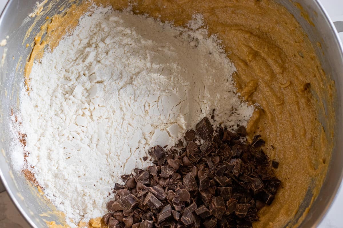 flour, salt, baking soda and chocolate chips are added to the wet mixture