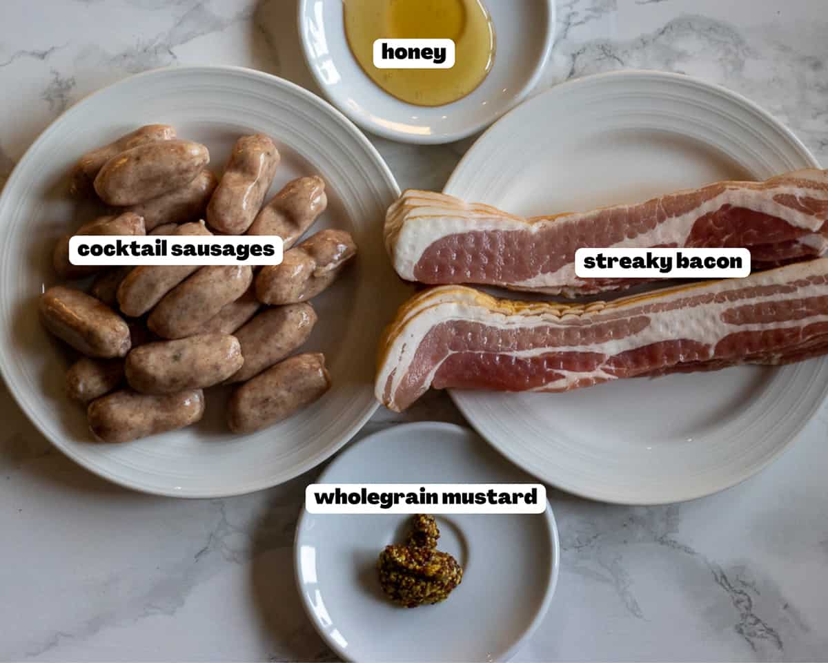 Labelled picture of ingredients for homemade mini pigs in a blanket
