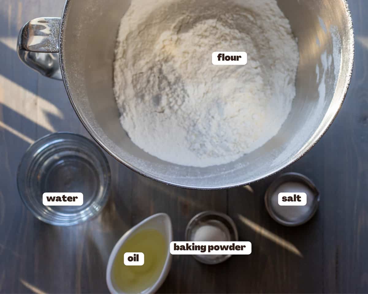 Labelled picture of ingredients for homemade wheat tortilla bread