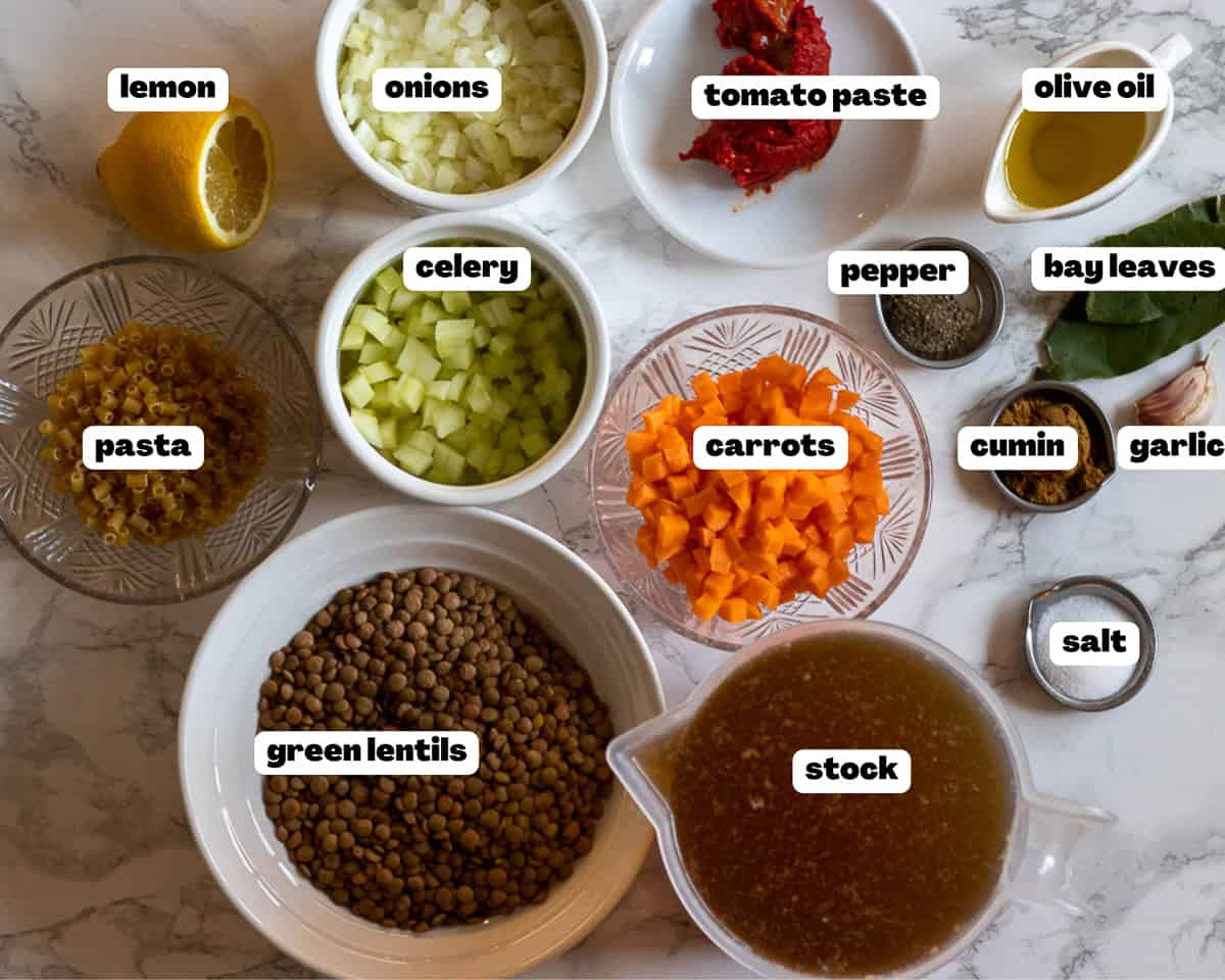 Labelled picture of ingredients for Mediterranean lentil soup
