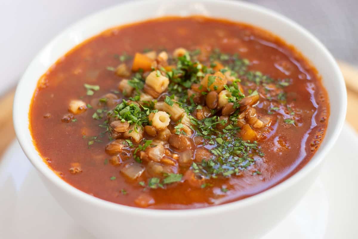 Mediterranean lentil soup served in a bowl