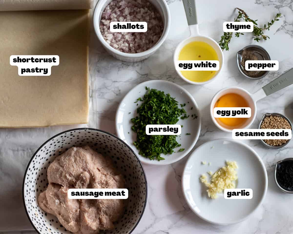 Labelled picture of ingredients for mini sausage rolls