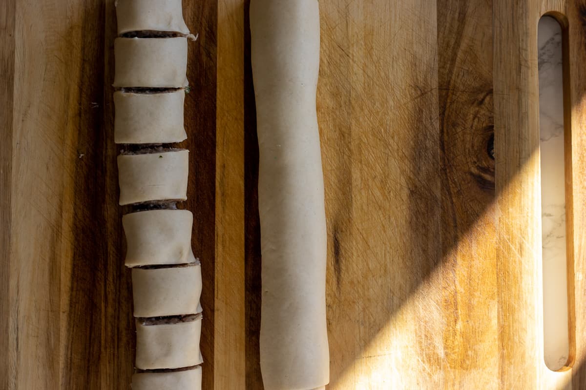 sausage rolls are cut into 8 equal pieces