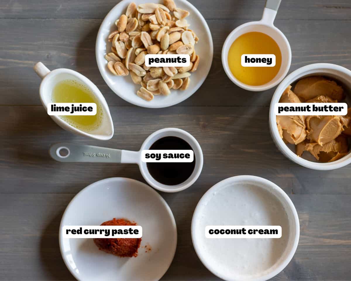 Labelled picture of ingredients for peanut sauce.