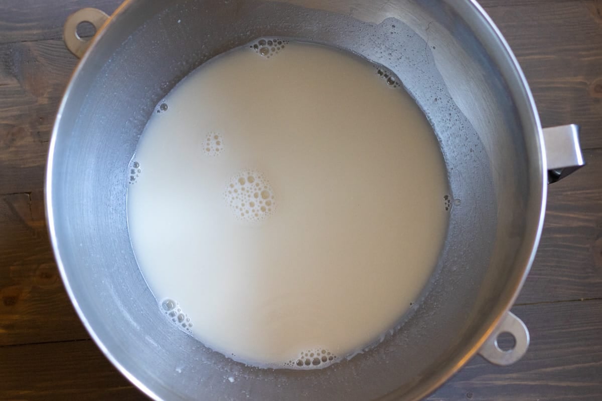 Sourdough starter is mixed with water in a bowl.
