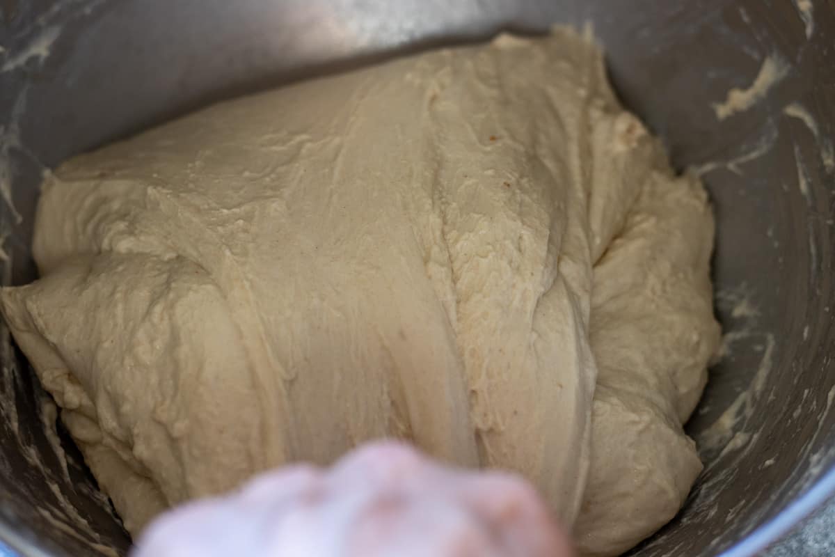 Doing stretch and fold to strengthen the bread dough.