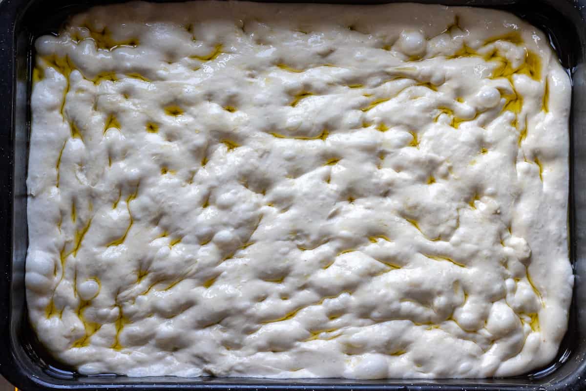 The dough has risen to fill the try up.