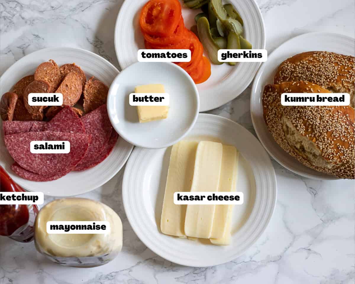Labelled picture of ingredients for Izmir kumru turkish sandwich