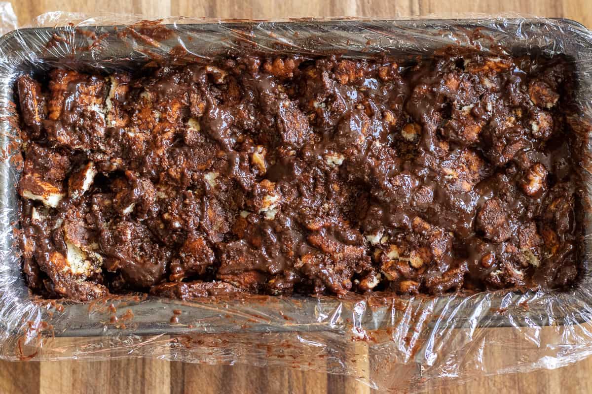 the lazy cake mixture is transferred to a loaf pan