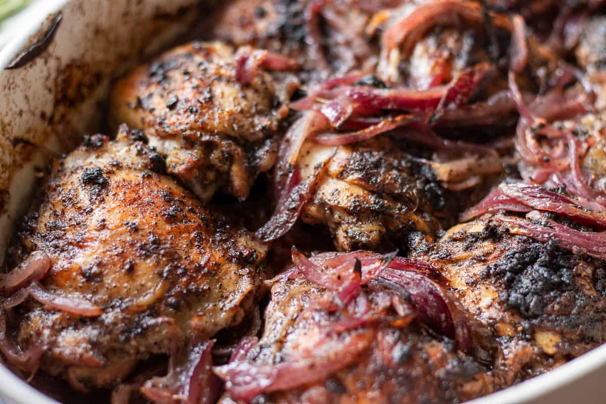 sumac chicken with red onions is freshly baked