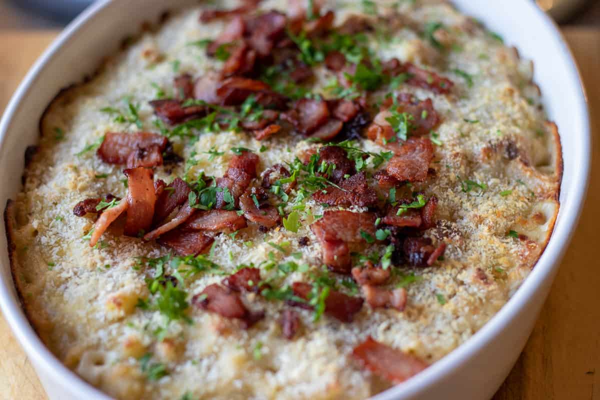 freshly baked smoked gouda macaroni and cheese 