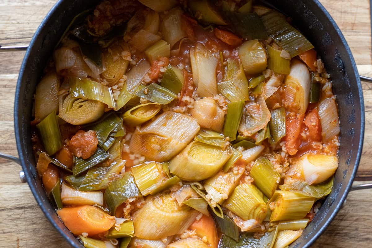 leeks are cooked until fork tender