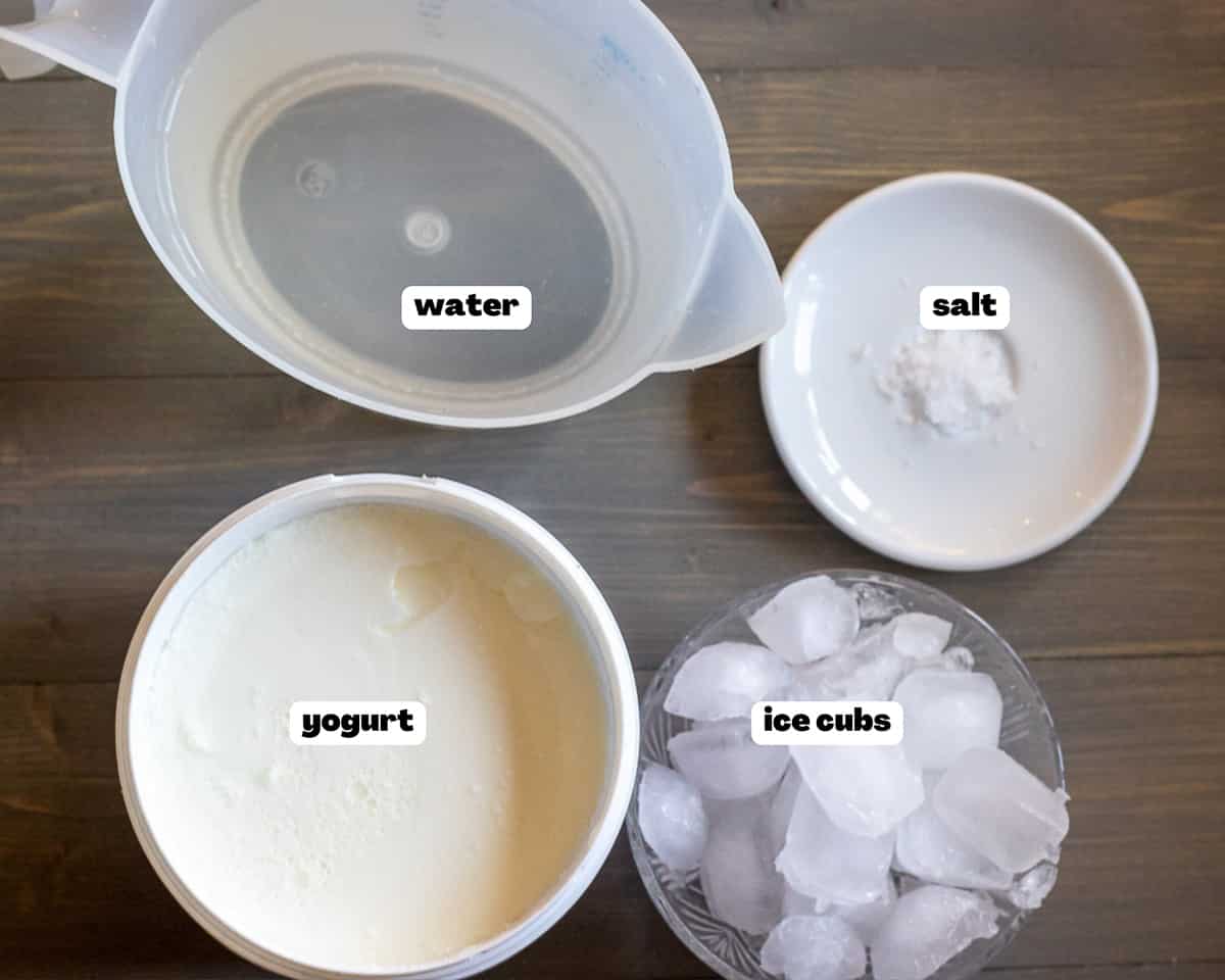 Labelled picture of ingredients for ayran - Turkish yogurt drink