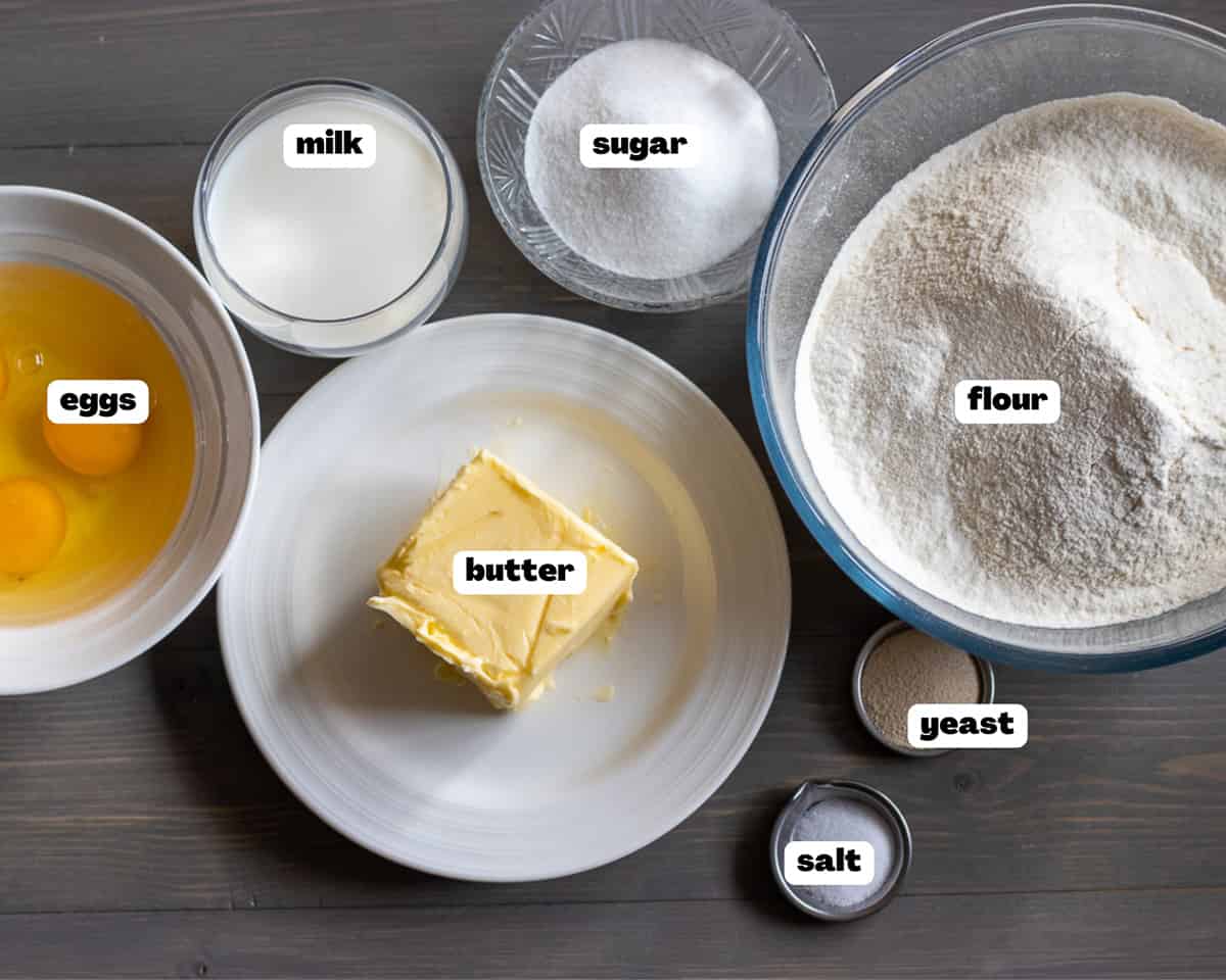 Labelled picture of ingredients for Chocolate Nutella babka