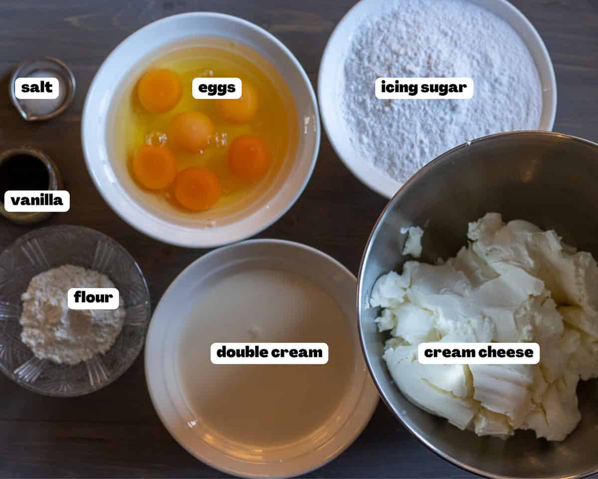 labelled picture of ingredients for San Sebastián Cheesecake