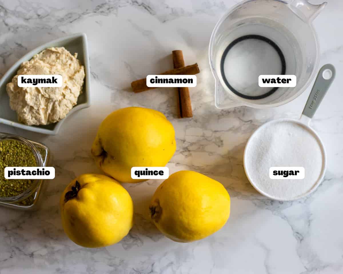 Labelled picture of ingredients for ayva tatlisi