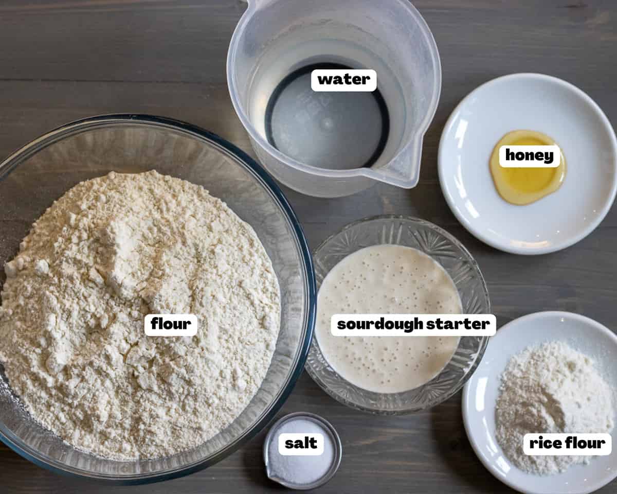 Labelled picture of ingredients for Dutch oven sourdough bread