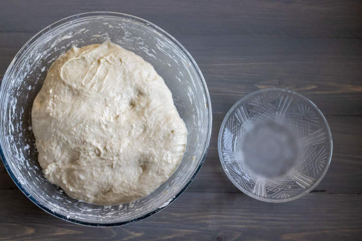 the dough and water are ready for stretch and folding