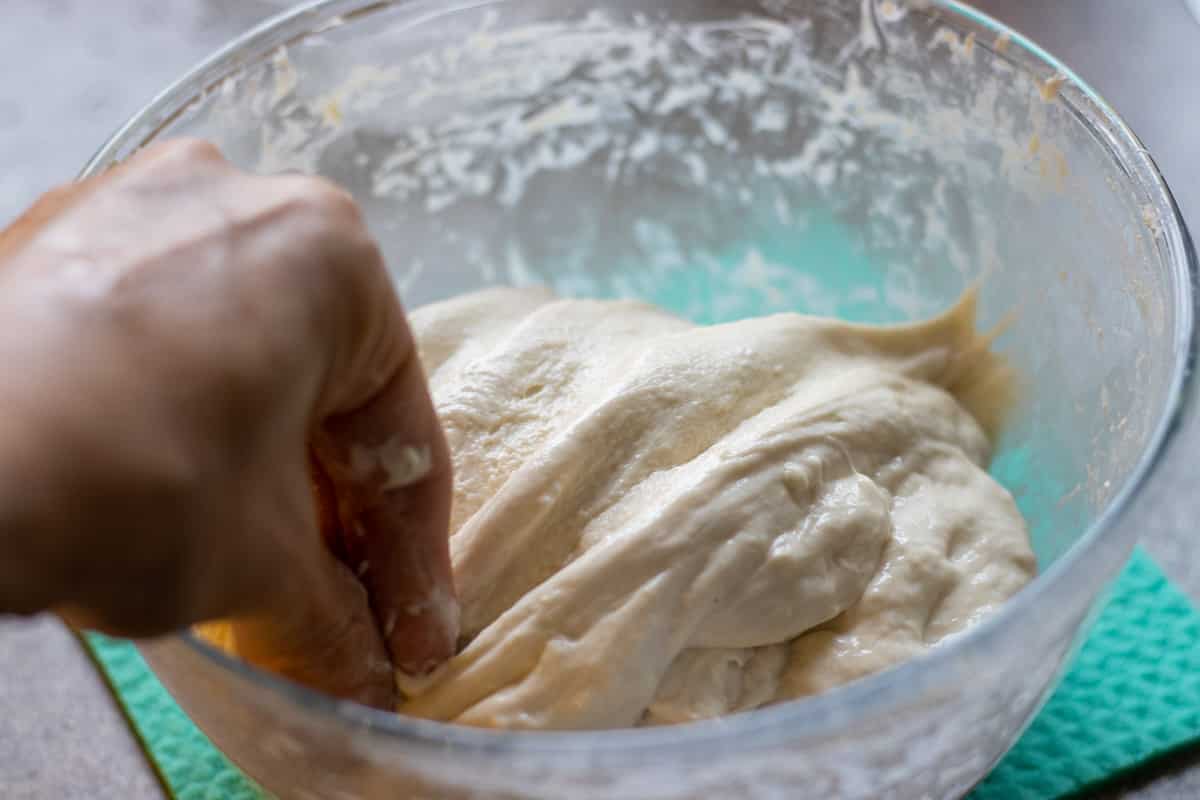 folding the dough after stretching