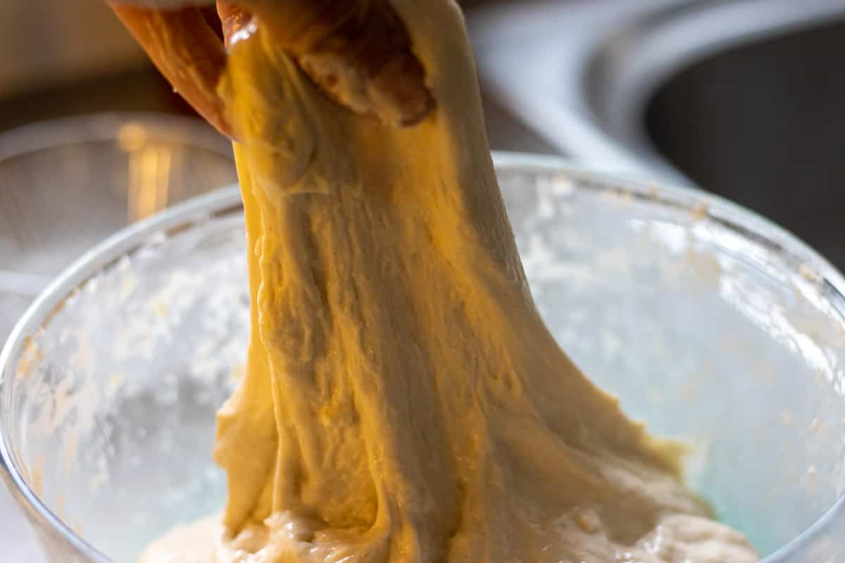 pulling the dough to stretch