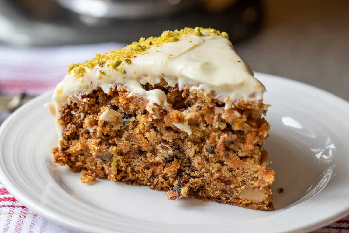 a slice of easy carrot cake