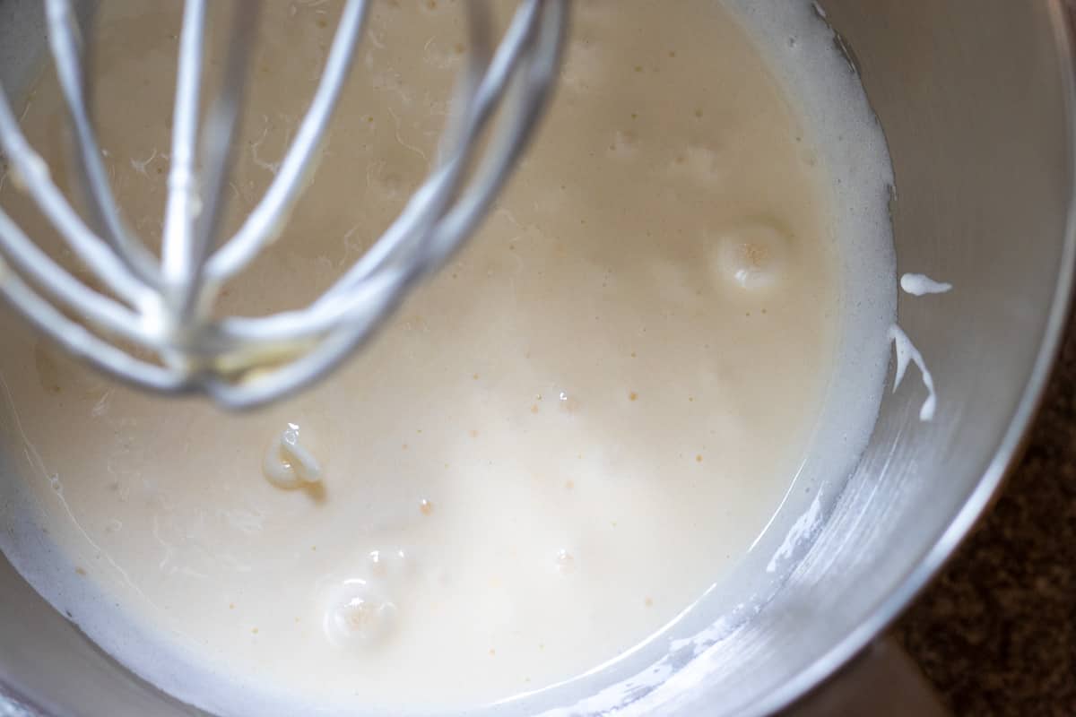 vegetable oil is added to egg and sugar mixture