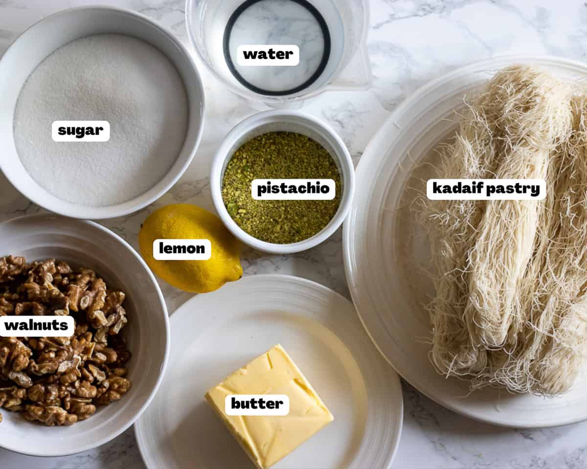 Labelled picture of ingredients for kadaif dessert