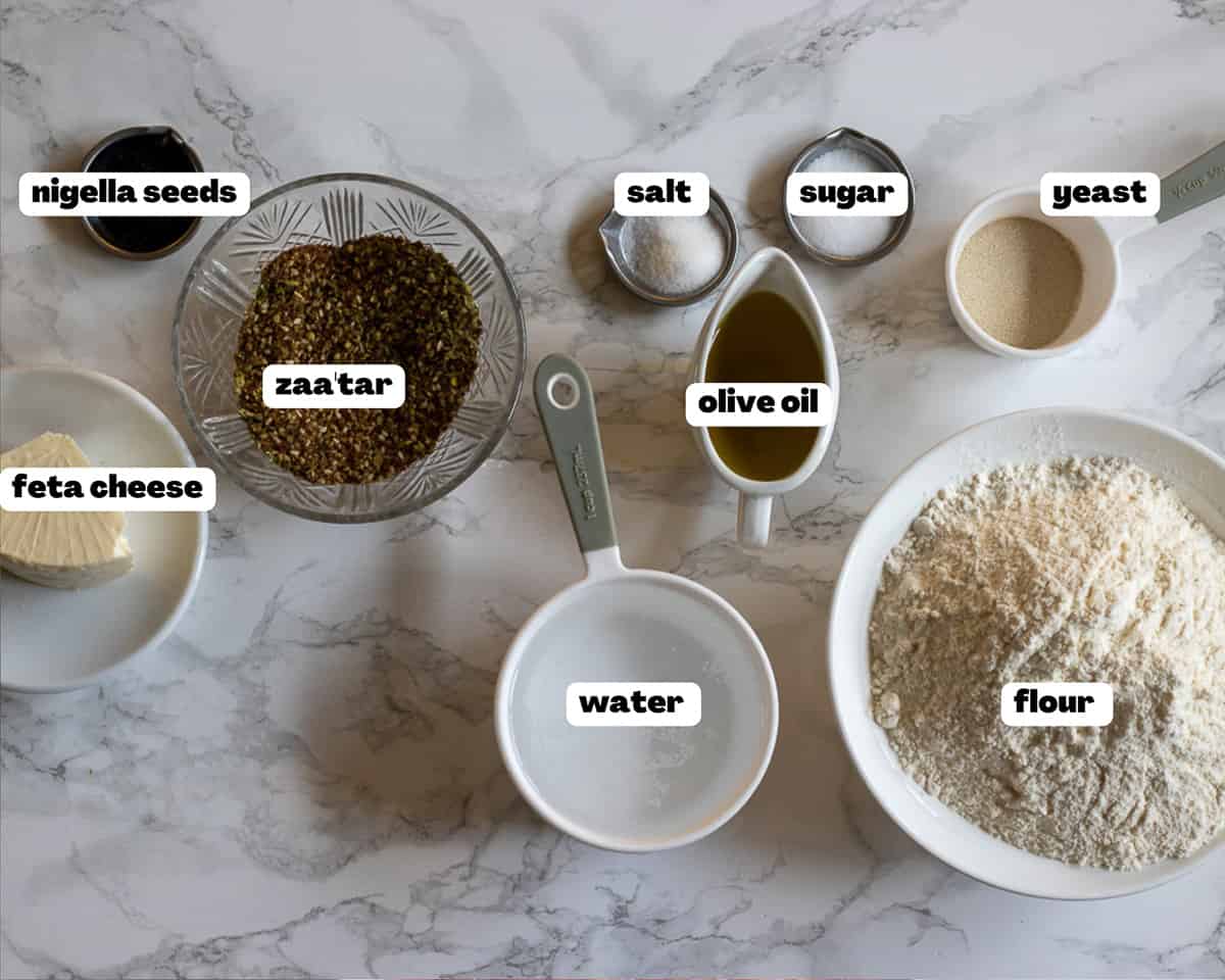 Labelled picture of ingredients for Manakish with za'atar and cheese