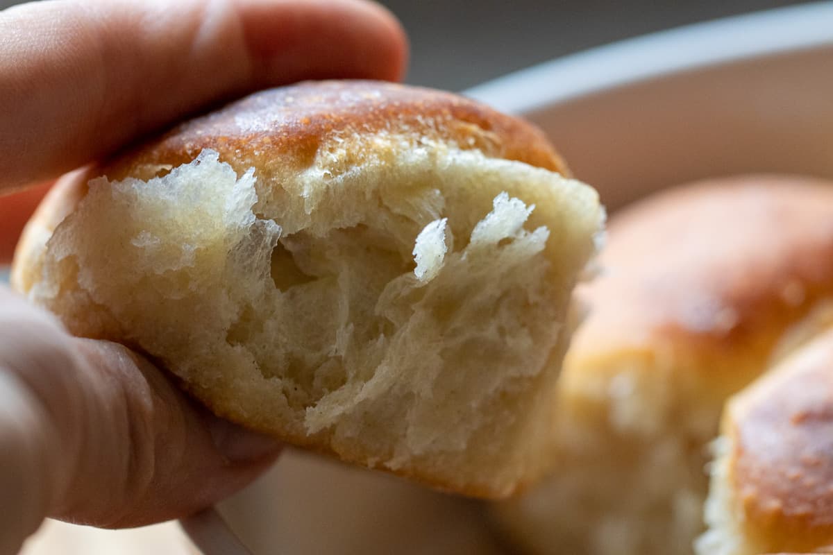 A hand holding a piece of sourdough dinner roll.