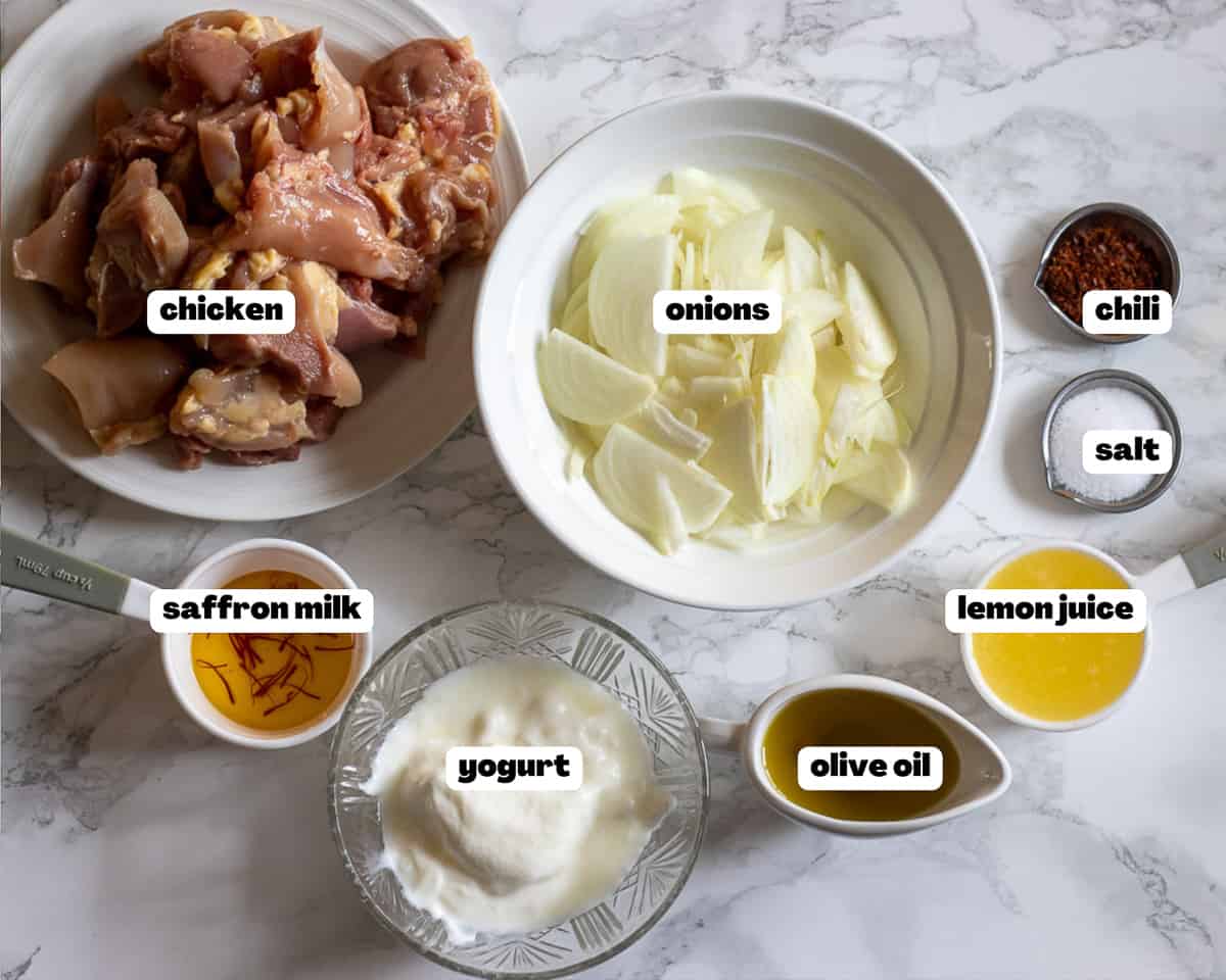 Labelled picture of ingredients for Mooney kabab - persian chicken kebab