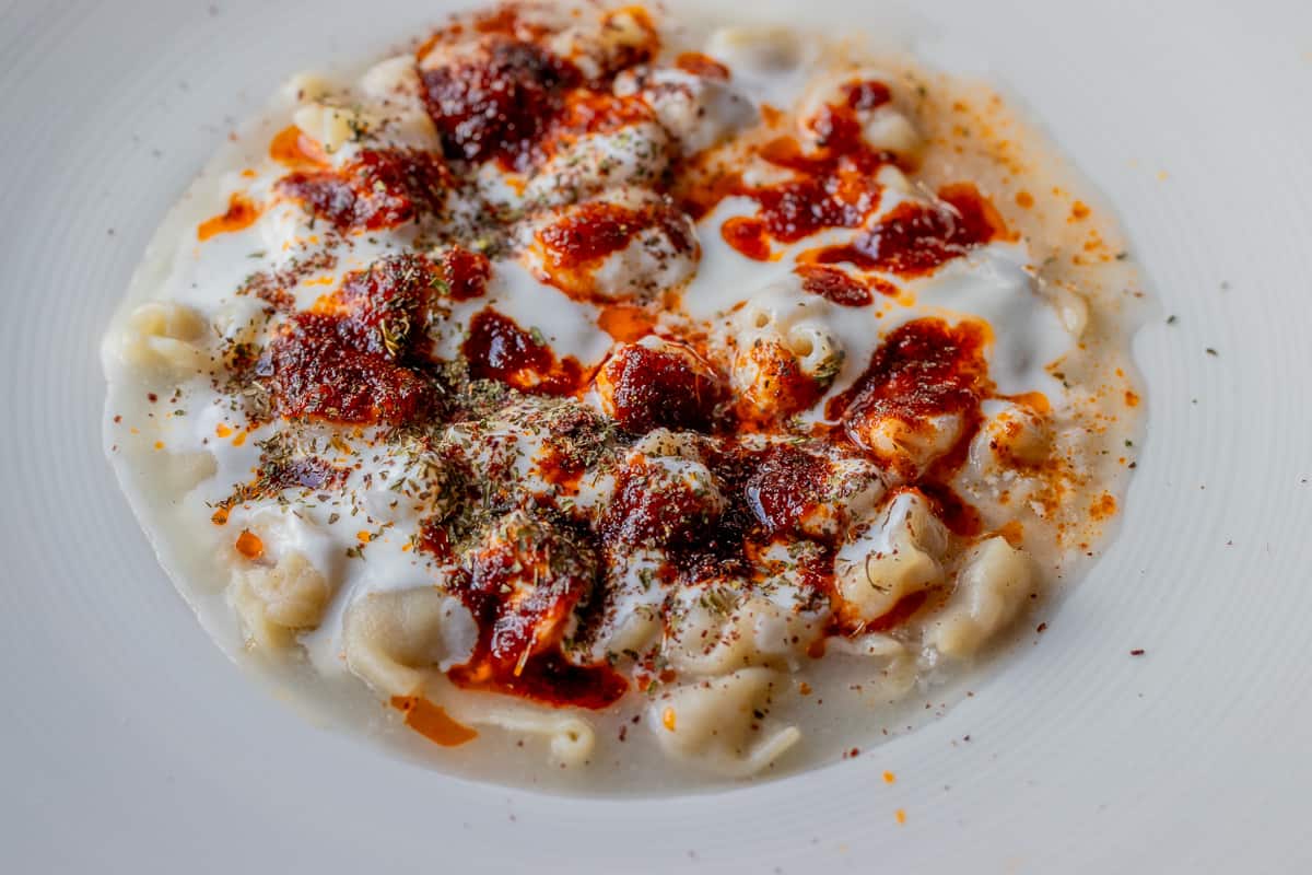 Turkish Manti served with yogurt sauce