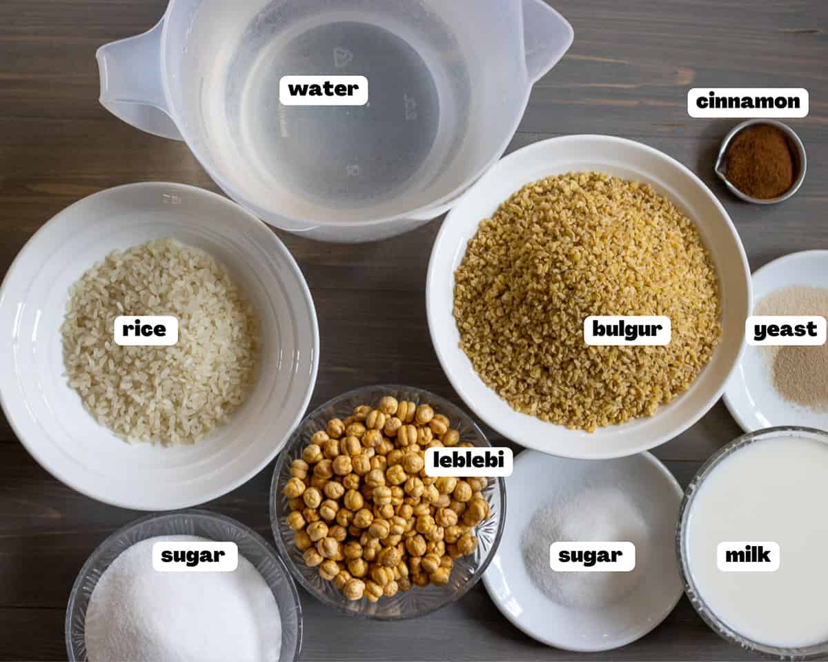 Labelled picture of ingredients for turkish boza drink