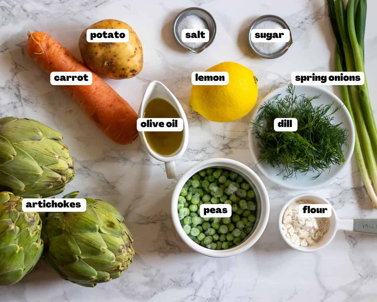 Labelled pictures of ingredients for Zeytinyagli enginar Yemegi