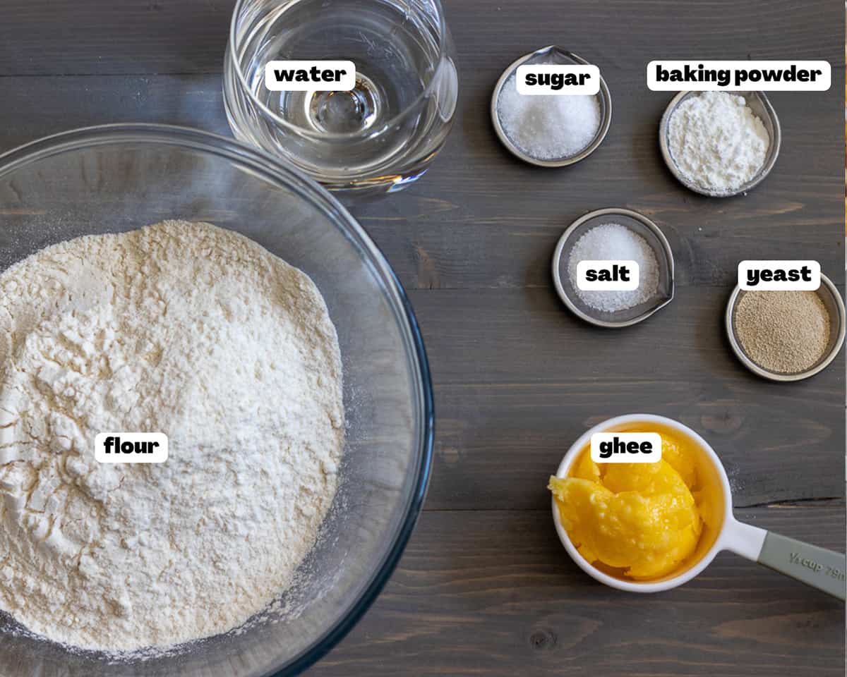 Labelled picture of ingredients for easy guyanese oil roti