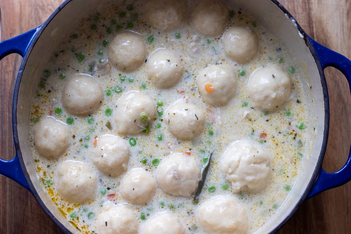 the soup is cooked until the dumplings are fluffy and doubled in size