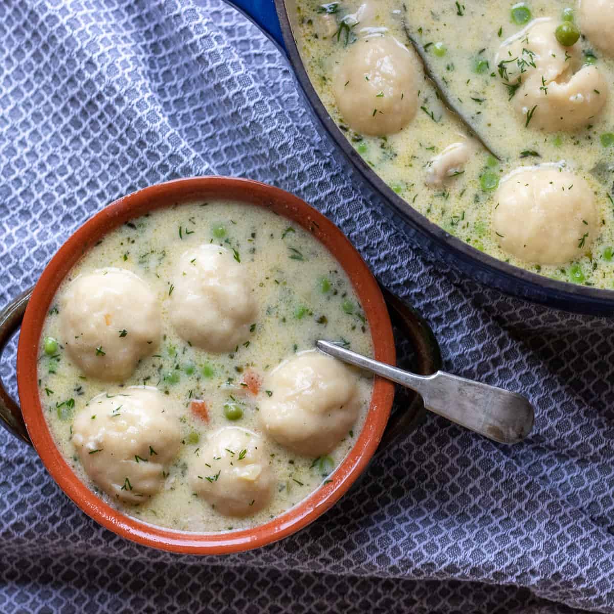 chicken and dumpling soup served in a bowl