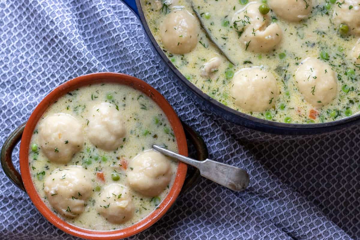 chicken and  dumpling soup served in a bowl