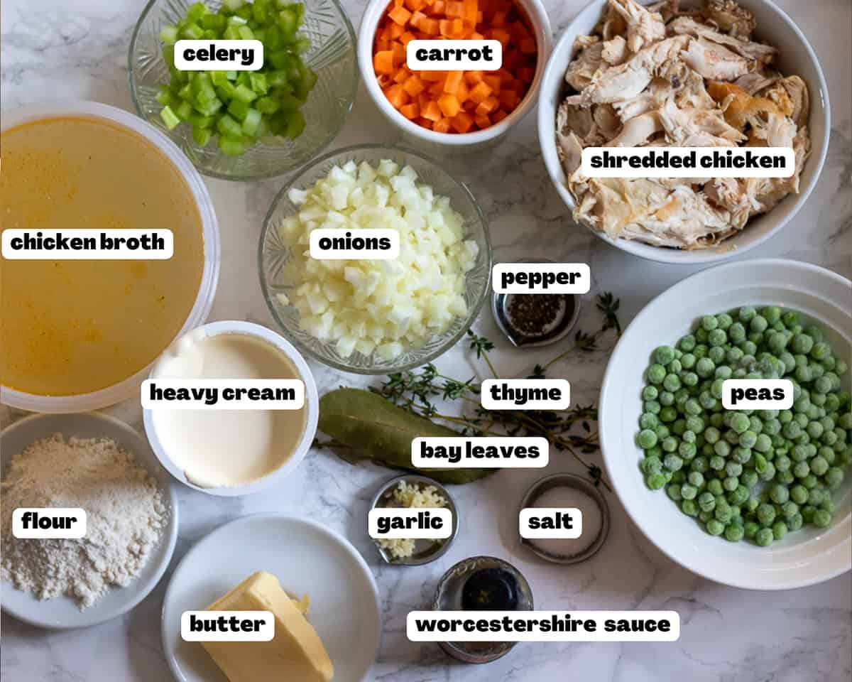 Labelled picture of ingredients for easy chicken and dumplings soup recipe