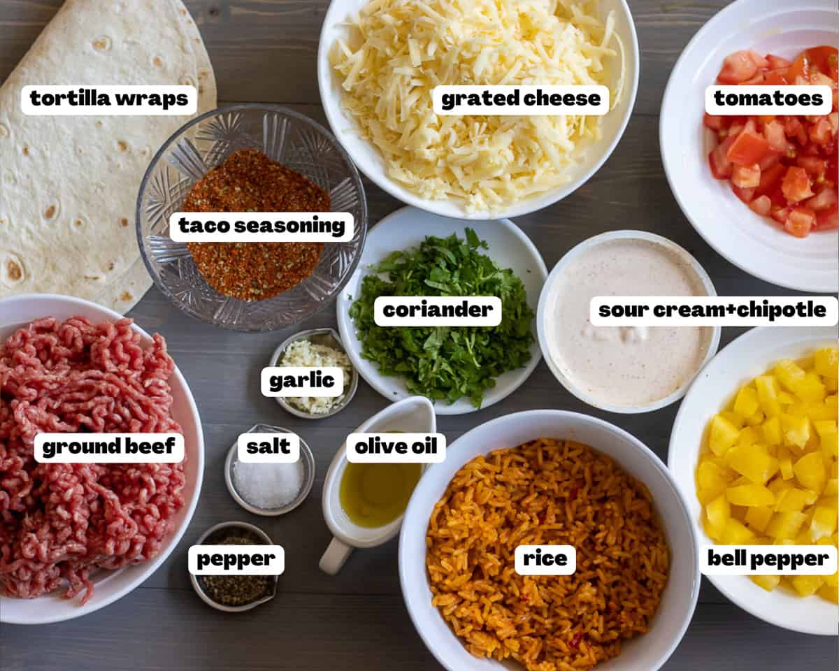 Labelled picture of ingredients for grilled cheese burrito
