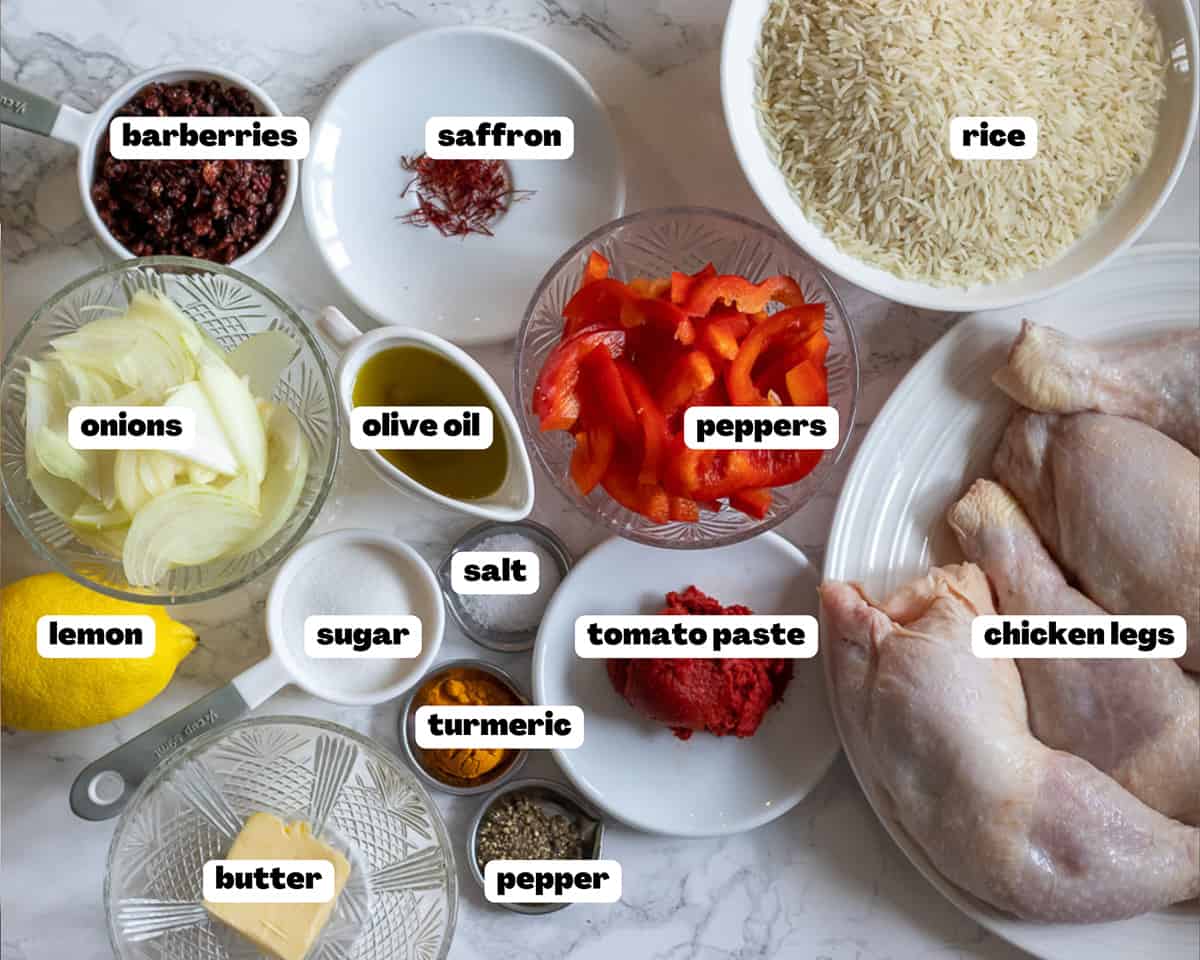 Labelled picture of ingredients for zereshk polo morgh-persian barberry rice with chicken