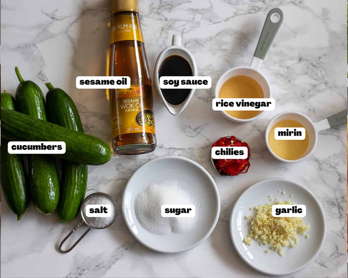 Labelled picture of ingredients for din tai fung cucumber Salad