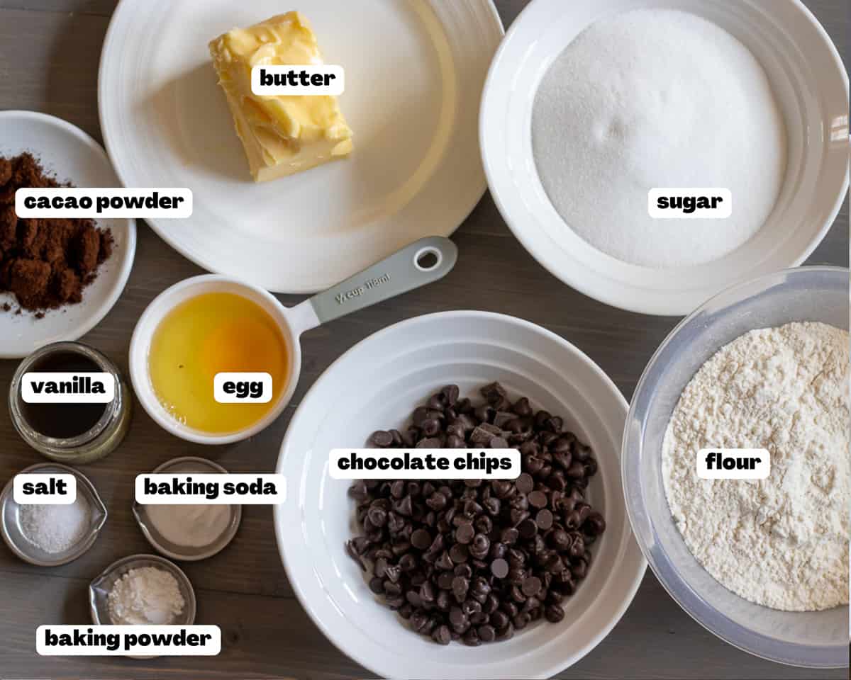 Labelled picture of ingredients for Chocolate chip cookies without brown sugar