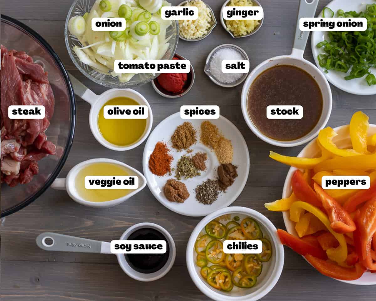 Labelled picture of ingredients for Jamaican pepper steak