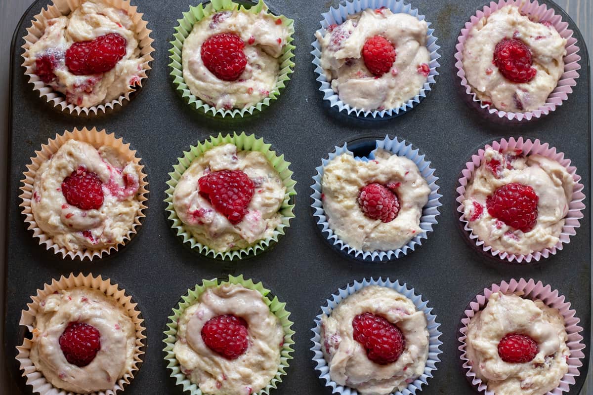 muffin mixture is divided into muffin tins