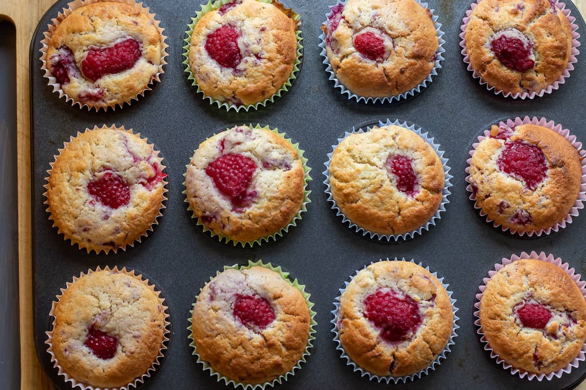raspberry yogurt muffins are baked until golden brown