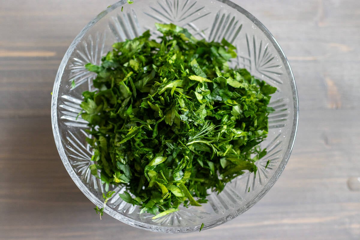 chopped herbs for chicken pasta salad